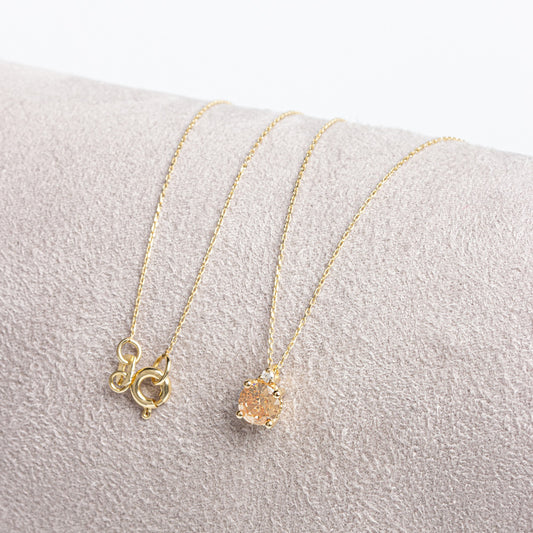 Round Citrine Necklace with Real Diamond in 14K Solid Gold, November Birthstone