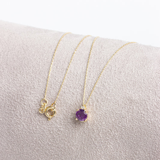 Round Amethyst Necklace with Real Diamond in 14K Solid Gold, February Birthstone