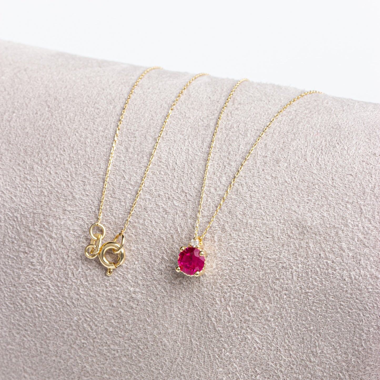 Round Ruby Necklace with Real Diamond in 14K Solid Gold, July Birthstone