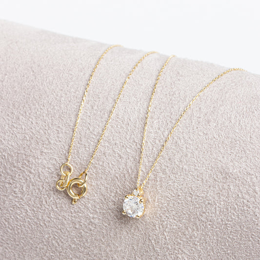 Round White Topaz Necklace with Real Diamond in 14K Solid Gold, April Birthstone