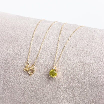 Round Peridot Necklace with Real Diamond in 14K Solid Gold, August Birthstone