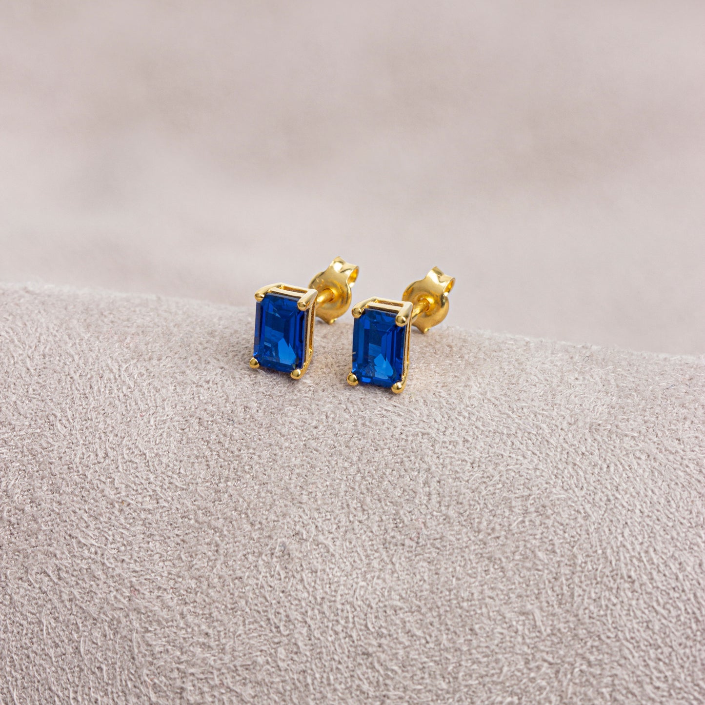 Sapphire Rectangle Stud Earring in 14K Solid Gold, September Birthstone