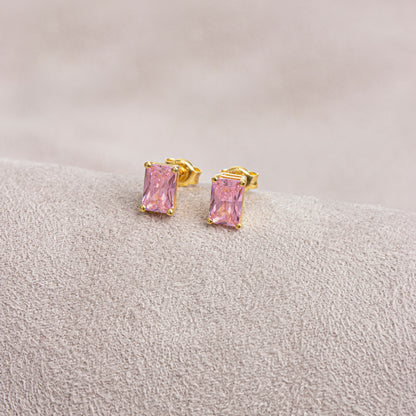 Pink Tourmailine Rectangle Stud Earring in 14K Solid Gold, October Birthstone