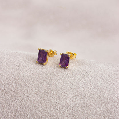 Amethyst Rectangle Stud Earring in 14K Solid Gold, February Birthstone