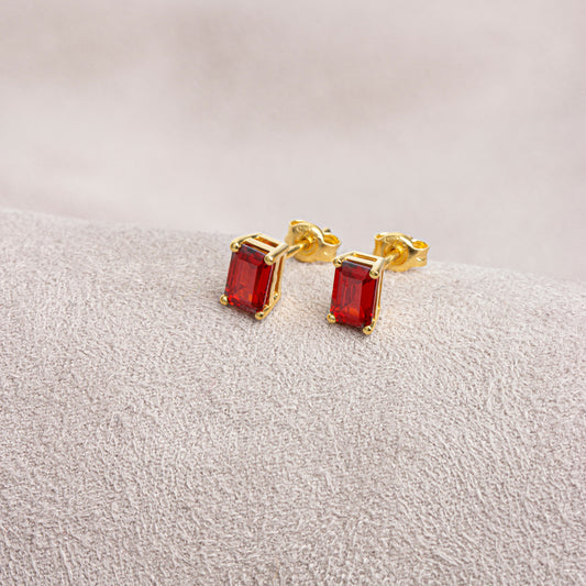 Garnet Rectangle Stud Earring in 14K Solid Gold, January Birthstone