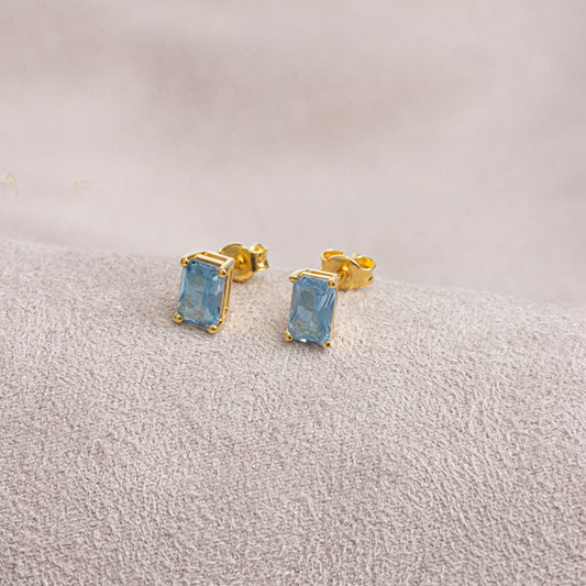 Aquamarine Rectangle Stud Earring in 14K Solid Gold, March Birthstone