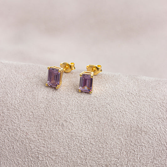 Alexandrite Rectangle Stud Earring in 14K Solid Gold, June Birthstone