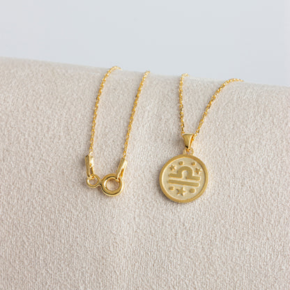 Libra Zodiac Sign 14K Solid Gold Necklace, Minimalist Horoscope Symbol Pendant