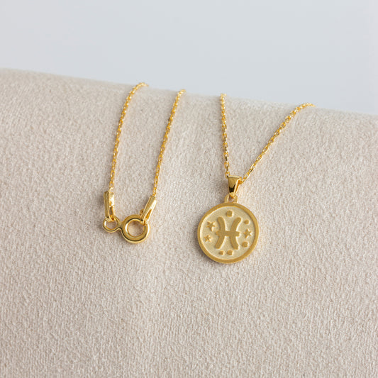 Pisces Zodiac Sign 14K Solid Gold Necklace, Minimalist Horoscope Symbol Pendant