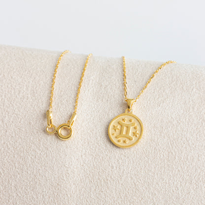 Gemini Zodiac Sign 14K Solid Gold Necklace, Minimalist Horoscope Symbol Pendant