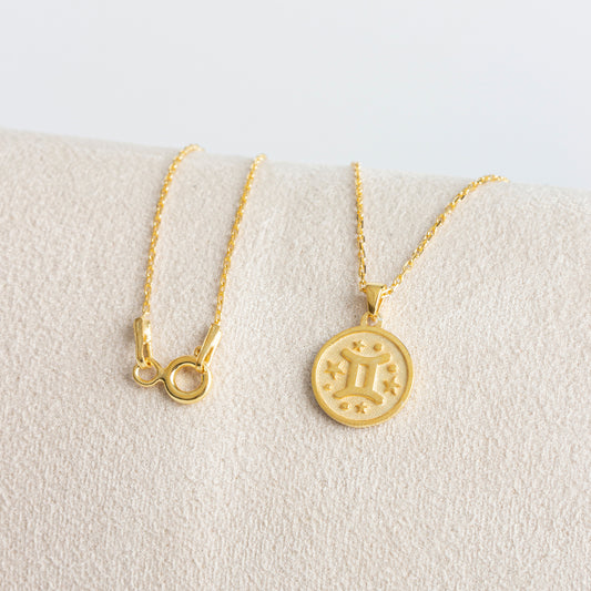 Gemini Zodiac Sign 14K Solid Gold Necklace, Minimalist Horoscope Symbol Pendant