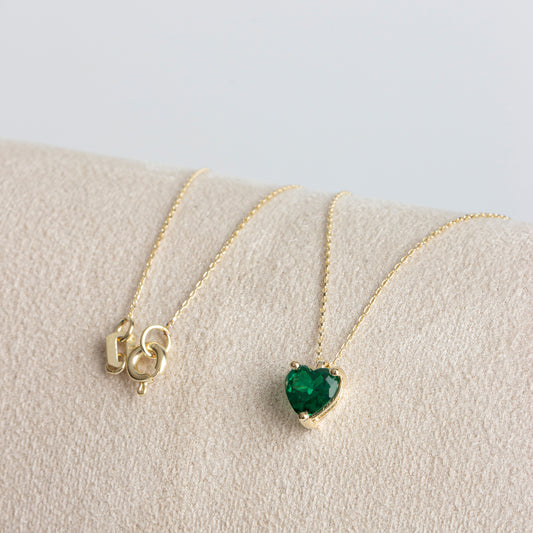 Emerald Heart Necklace 14K Solid Gold, May Birthstone