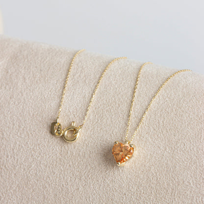 Citrine Heart Necklace 14K Solid Gold, November Birthstone