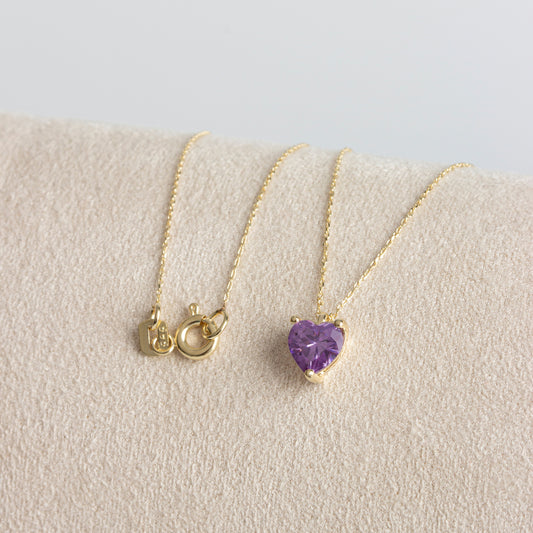 Amethyst Heart Necklace 14K Solid Gold, February Birthstone