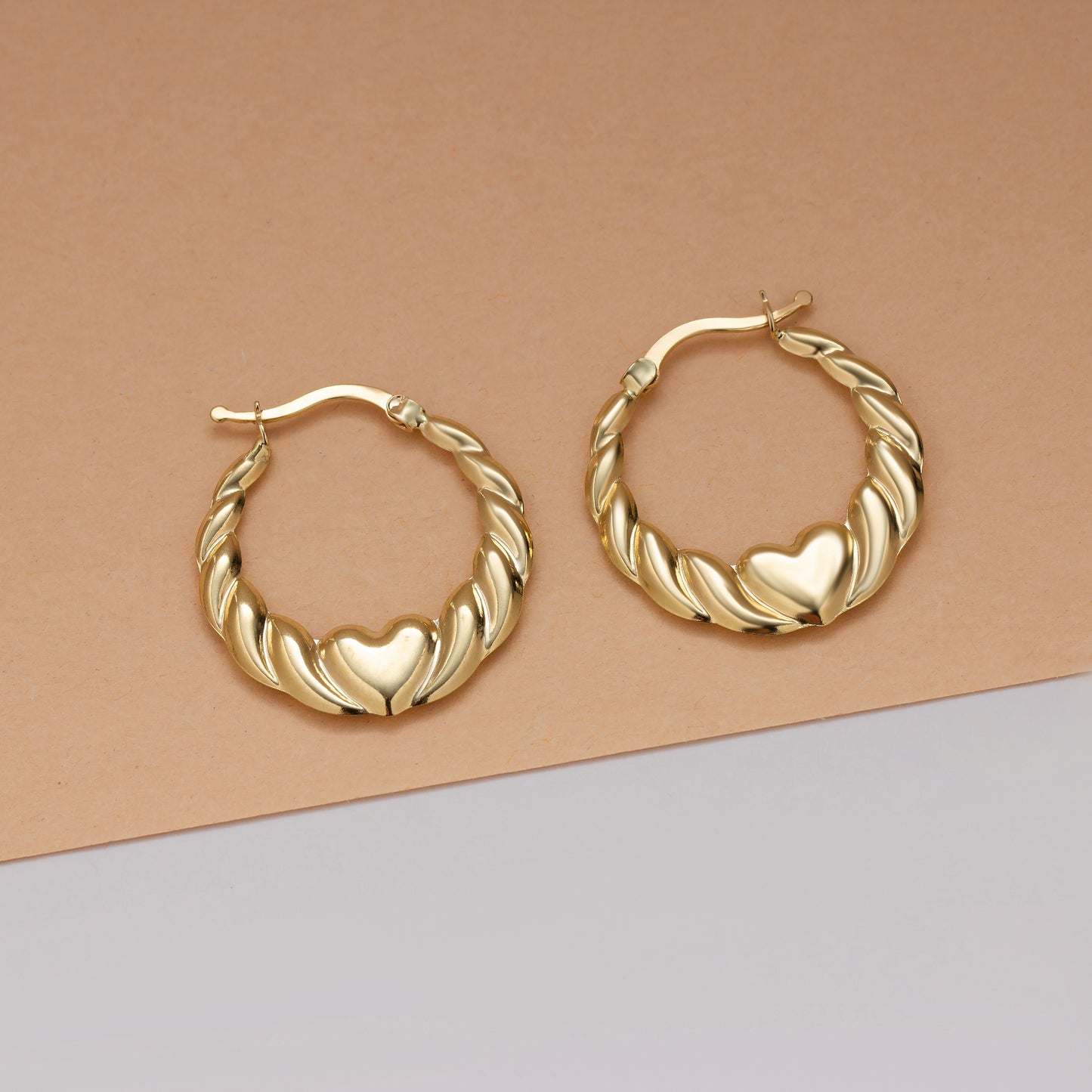 Twisted Hoop Earrings with Heart Design 14K Solid Gold