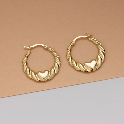 Twisted Hoop Earrings with Heart Design 14K Solid Gold