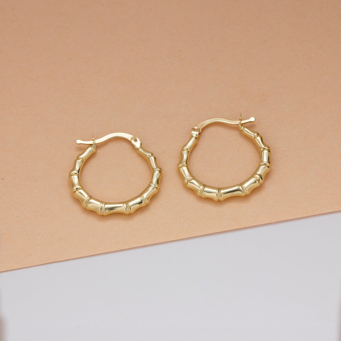 Bamboo Style Hoop Earrings 14K Solid Gold