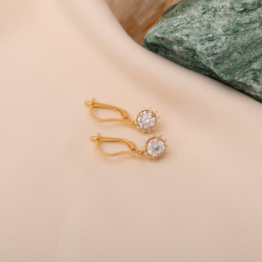 Dangle White Topaz Round Earring Surrounded by Real Diamonds 14K Solid Gold, April Birthstone