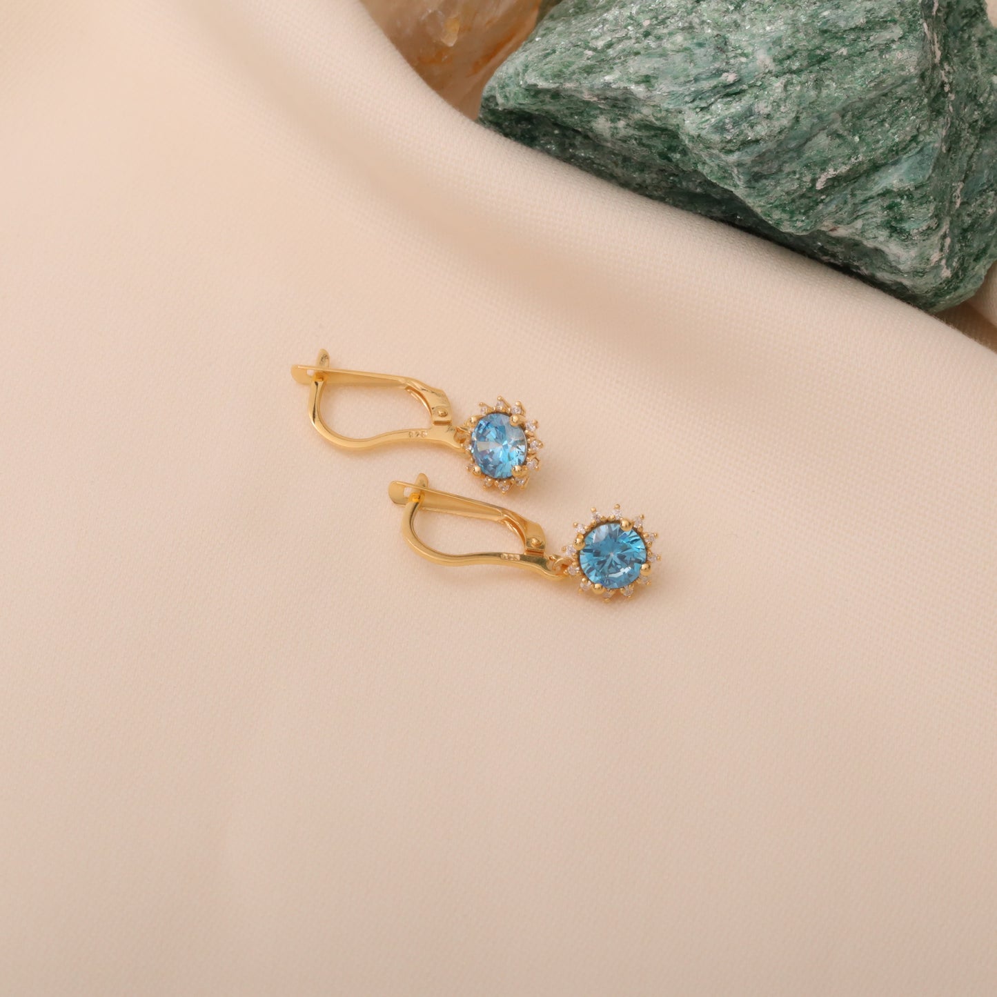 Dangle Blue Topaz Round Earring Surrounded by Real Diamonds 14K Solid Gold, December Birthstone