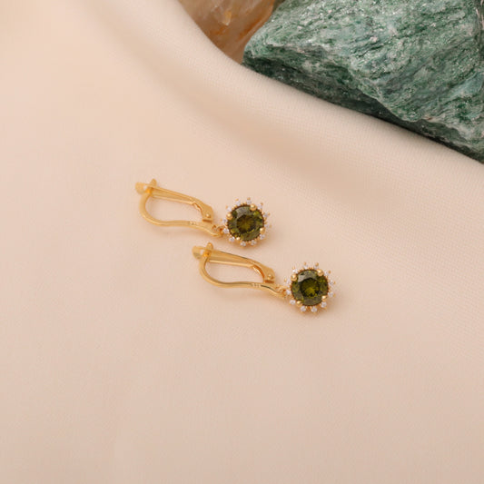 Dangle Peridot Round Earring Surrounded by Real Diamonds 14K Solid Gold, August Birthstone