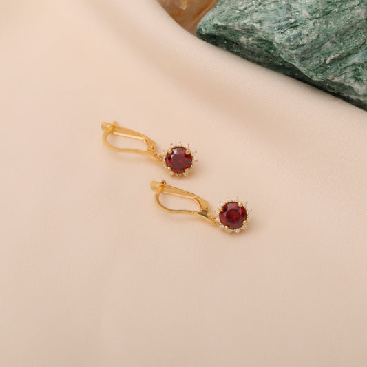 Dangle Garnet Round Earring Surrounded by Real Diamonds 14K Solid Gold, January Birthstone