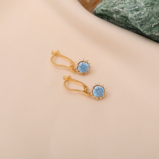 Dangle Aquamarine Round Earring Surrounded by Real Diamonds 14K Solid Gold, March Birthstone