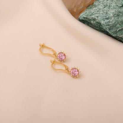 Dangle Pink Tourmaline Round Earring Surrounded by Real Diamonds 14K Solid Gold, October Birthstone