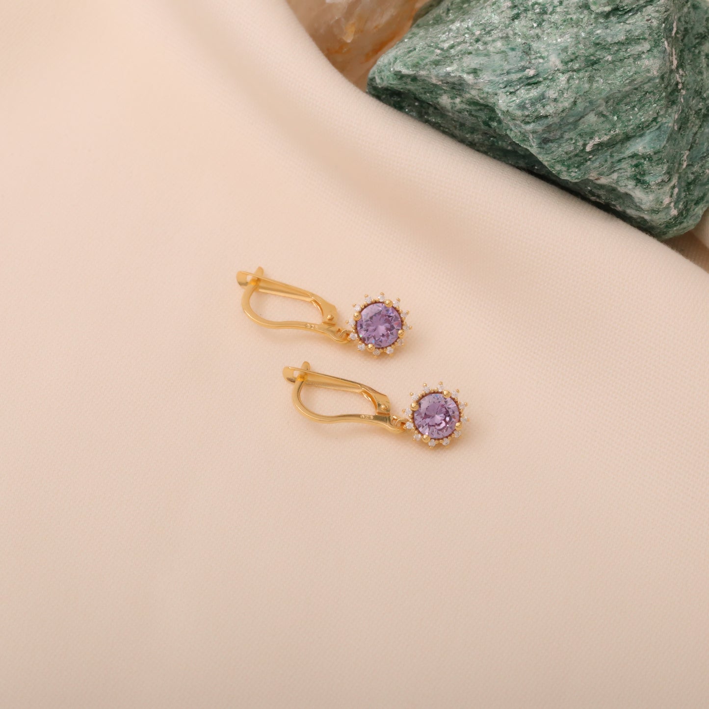 Dangle Alexandrite Round Earring Surrounded by Real Diamonds 14K Solid Gold, June Birthstone