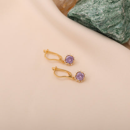 Dangle Alexandrite Round Earring Surrounded by Real Diamonds 14K Solid Gold, June Birthstone