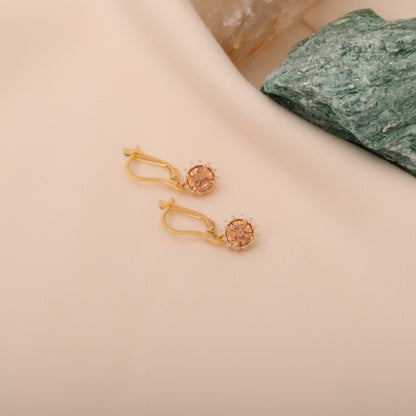 Dangle Citrine Round Earring Surrounded by Real Diamonds 14K Solid Gold, November Birthstone