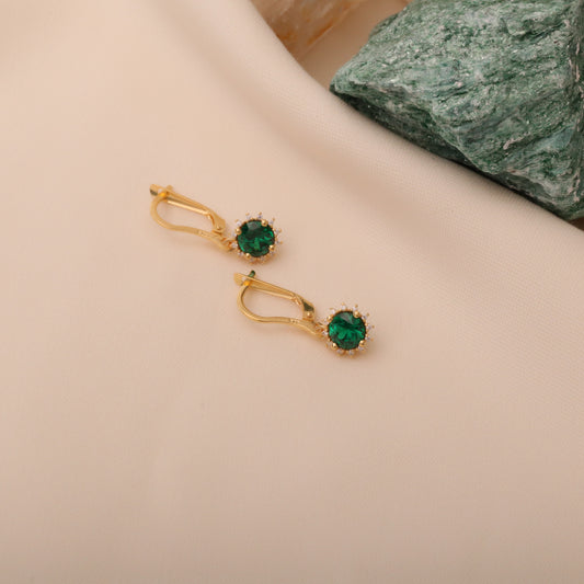 Dangle Emerald Round Earring Surrounded by Real Diamonds 14K Solid Gold, May Birthstone