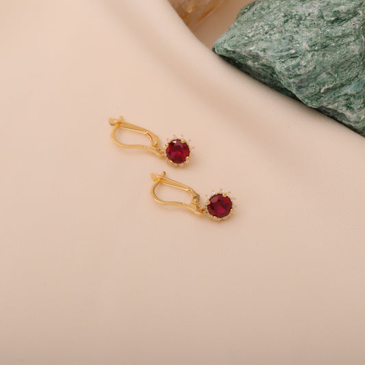 Dangle Ruby Round Earring Surrounded by Real Diamonds 14K Solid Gold, July Birthstone