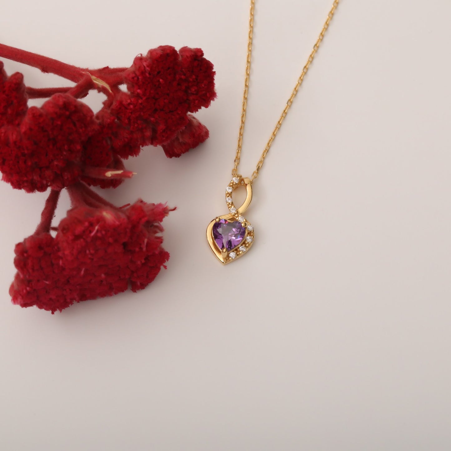 Amethyst Infinity Heart Necklace in 14K Solid Gold with Real Diamonds | February Birthstone