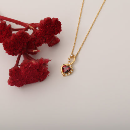 Garnet Infinity Heart Necklace in 14K Solid Gold with Real Diamonds | January Birthstone