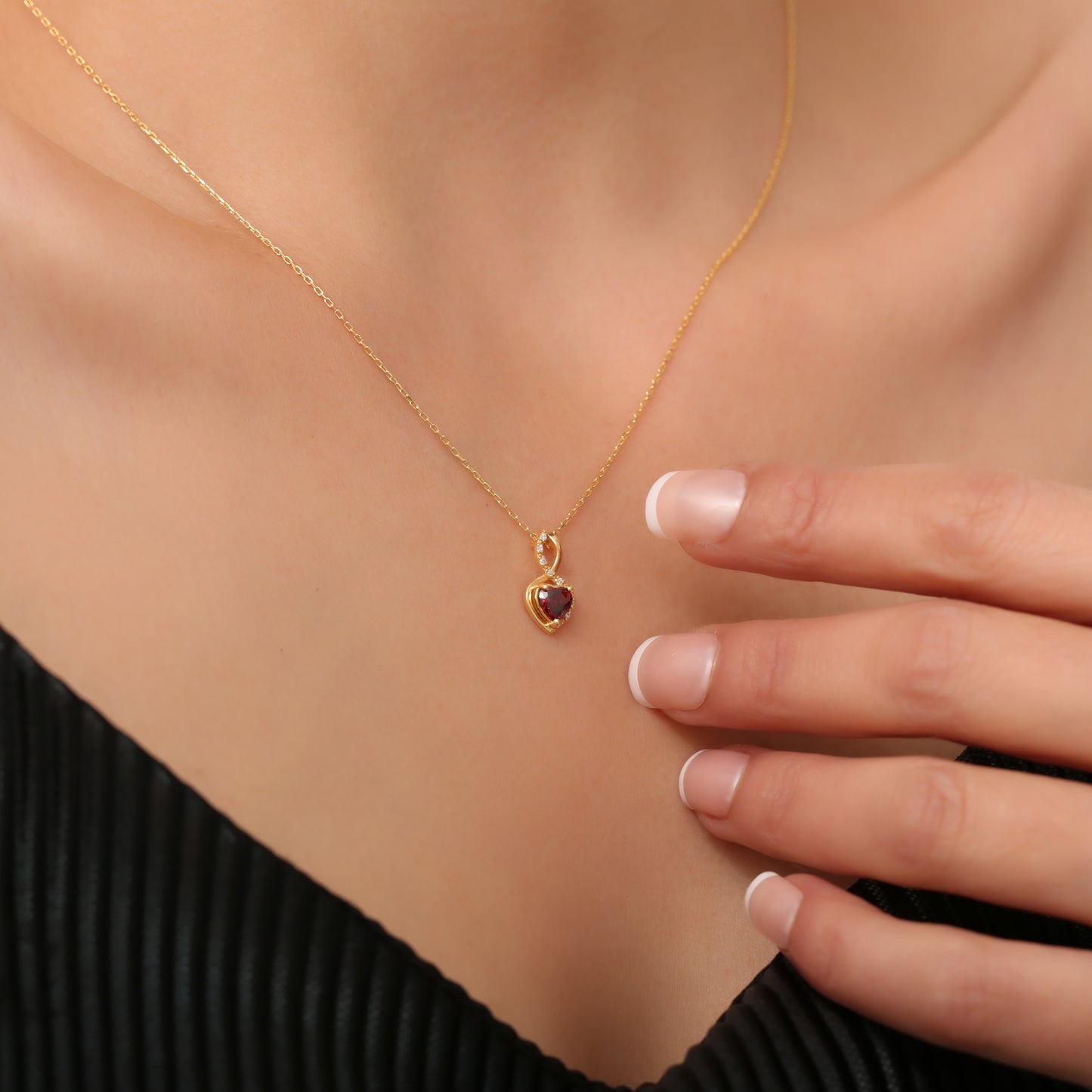 Garnet Infinity Heart Necklace in 14K Solid Gold with Real Diamonds | January Birthstone