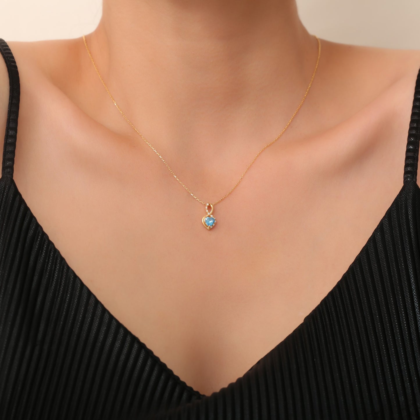 Blue Topaz Infinity Heart Necklace in 14K Solid Gold with Real Diamonds | December Birthstone