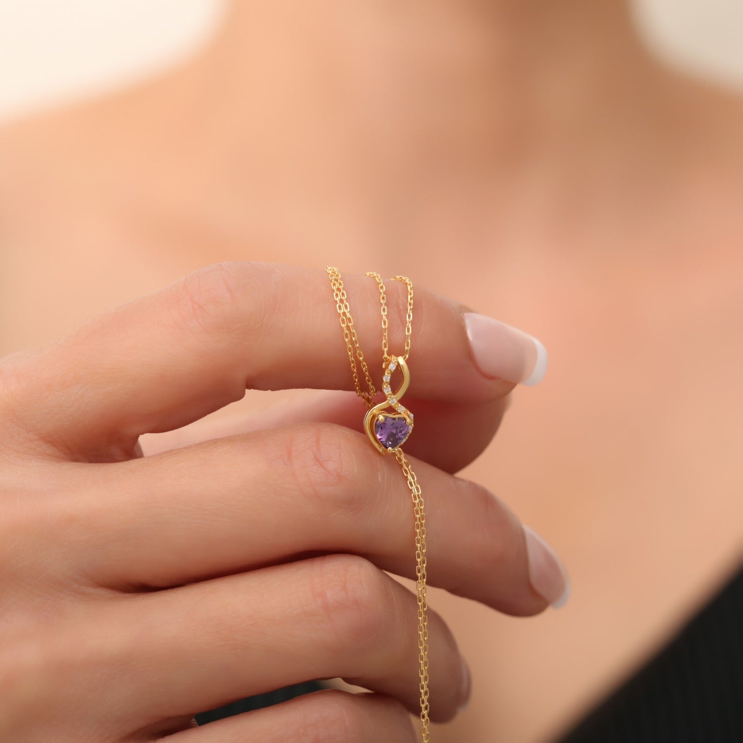 Amethyst Infinity Heart Necklace in 14K Solid Gold with Real Diamonds | February Birthstone