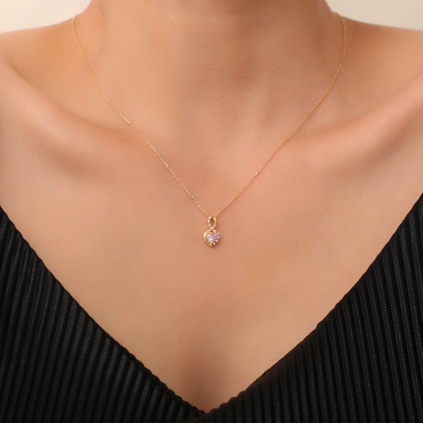 Pink Tourmaline Infinity Heart Necklace in 14K Solid Gold with Real Diamonds | October Birthstone