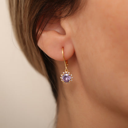 Dangle Alexandrite Round Earring Surrounded by Real Diamonds 14K Solid Gold, June Birthstone