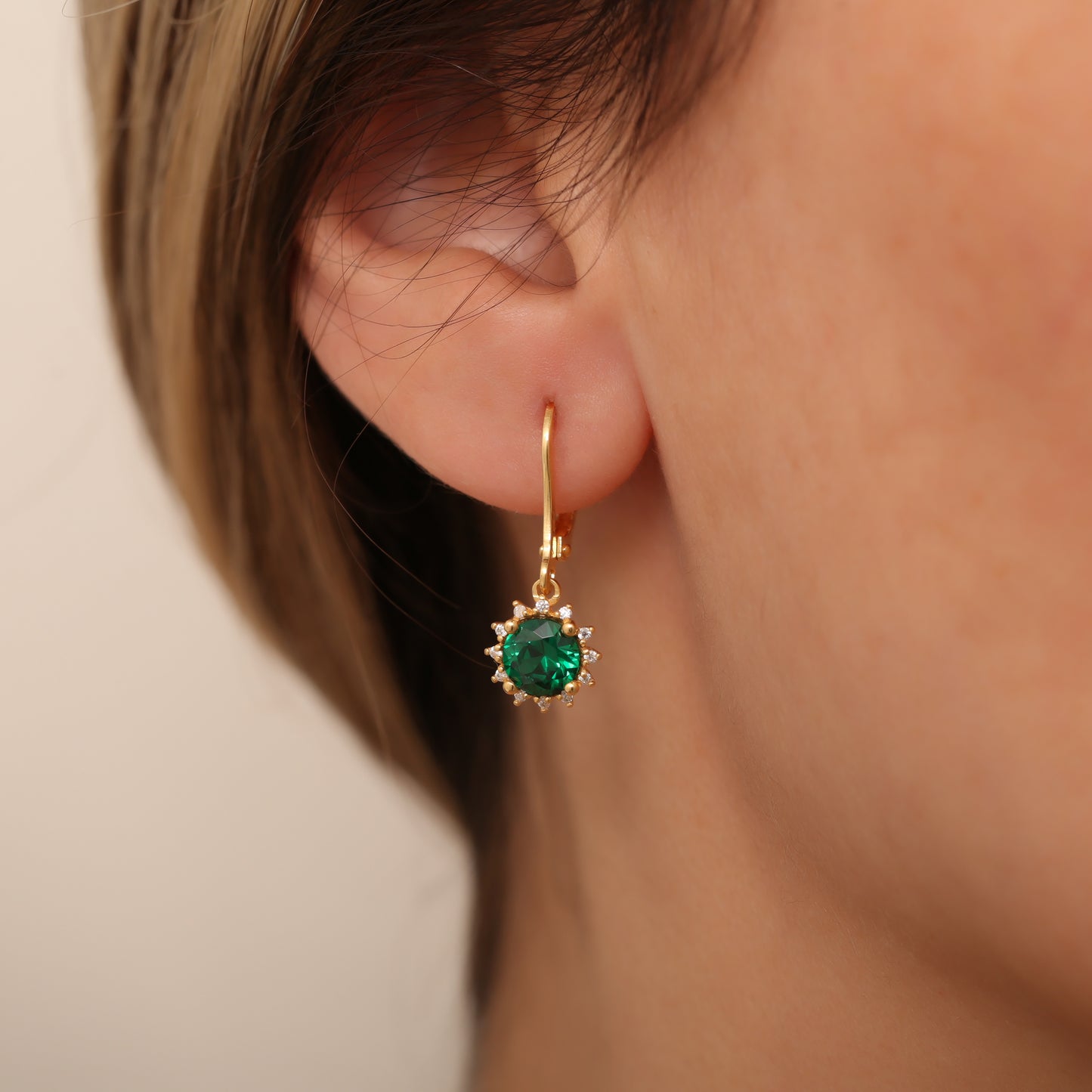 Dangle Emerald Round Earring Surrounded by Real Diamonds 14K Solid Gold, May Birthstone