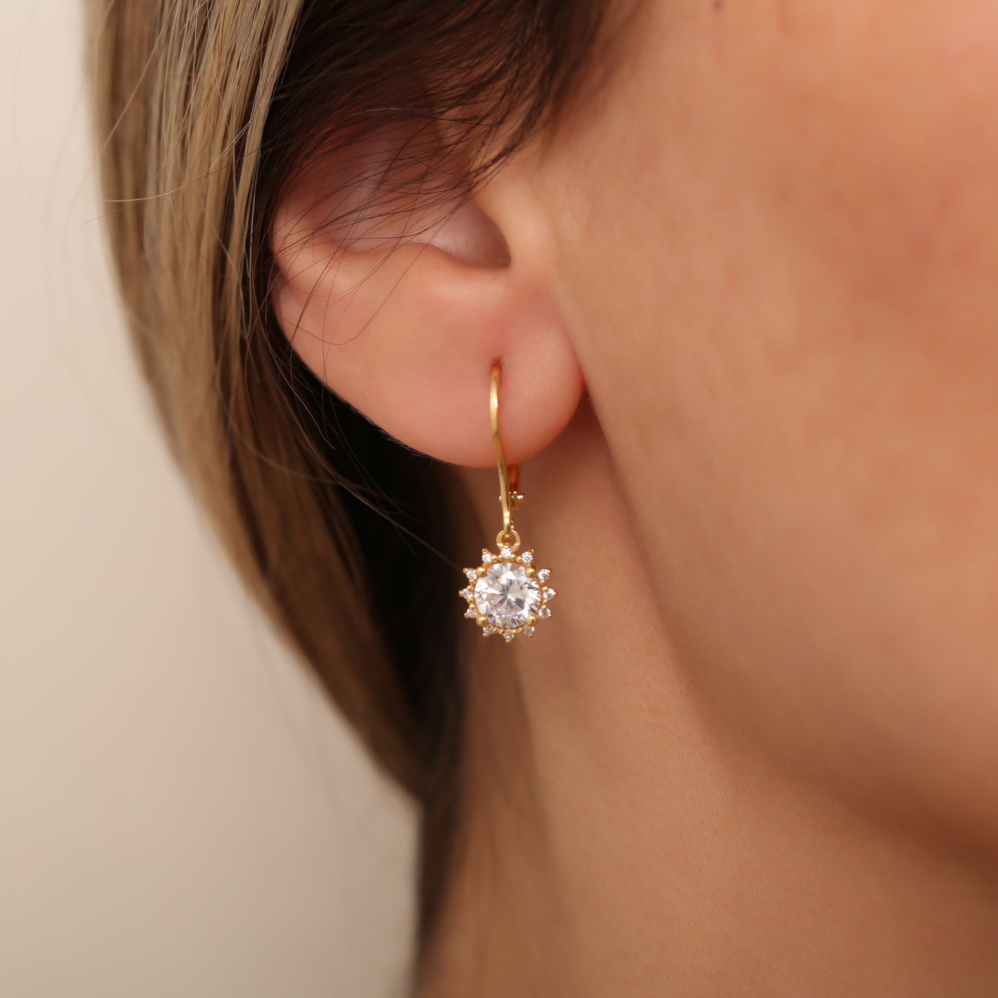 Dangle White Topaz Round Earring Surrounded by Real Diamonds 14K Solid Gold, April Birthstone