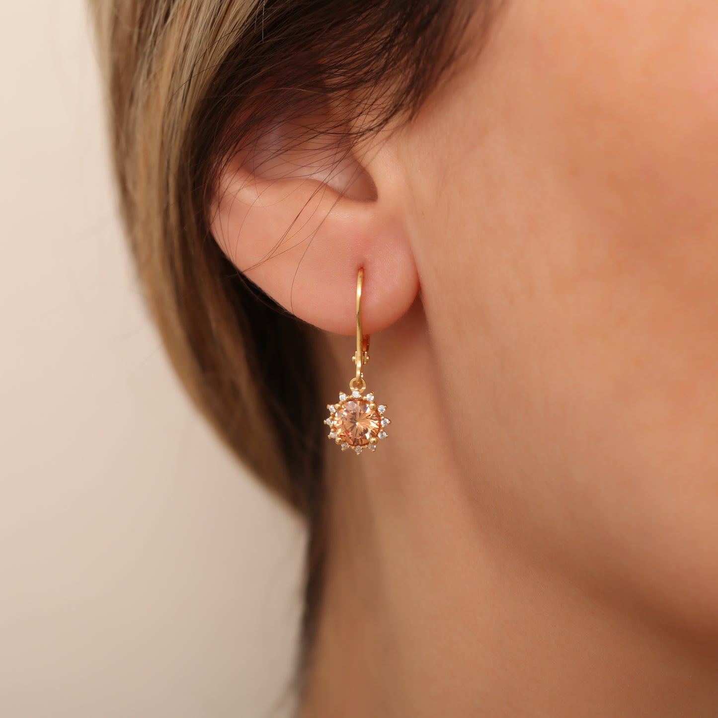 Dangle Citrine Round Earring Surrounded by Real Diamonds 14K Solid Gold, November Birthstone