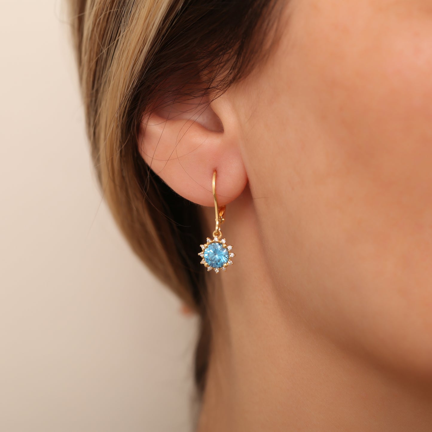 Dangle Blue Topaz Round Earring Surrounded by Real Diamonds 14K Solid Gold, December Birthstone