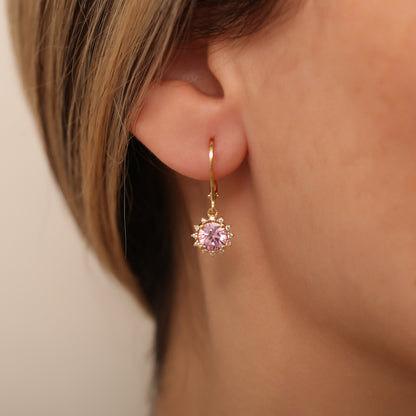 Dangle Pink Tourmaline Round Earring Surrounded by Real Diamonds 14K Solid Gold, October Birthstone