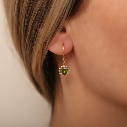 Dangle Peridot Round Earring Surrounded by Real Diamonds 14K Solid Gold, August Birthstone