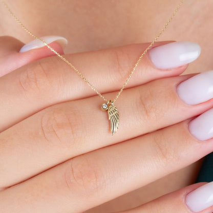 Angel Wing Necklace with Real Diamond | 14K Solid Gold