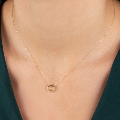 Hollow Circle Necklace with Real Diamonds | 14K Solid Gold