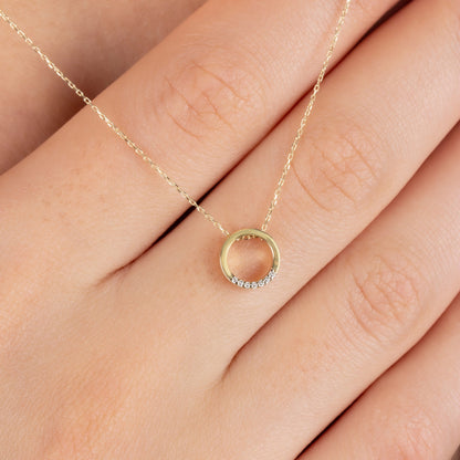 Hollow Circle Necklace with Real Diamonds | 14K Solid Gold