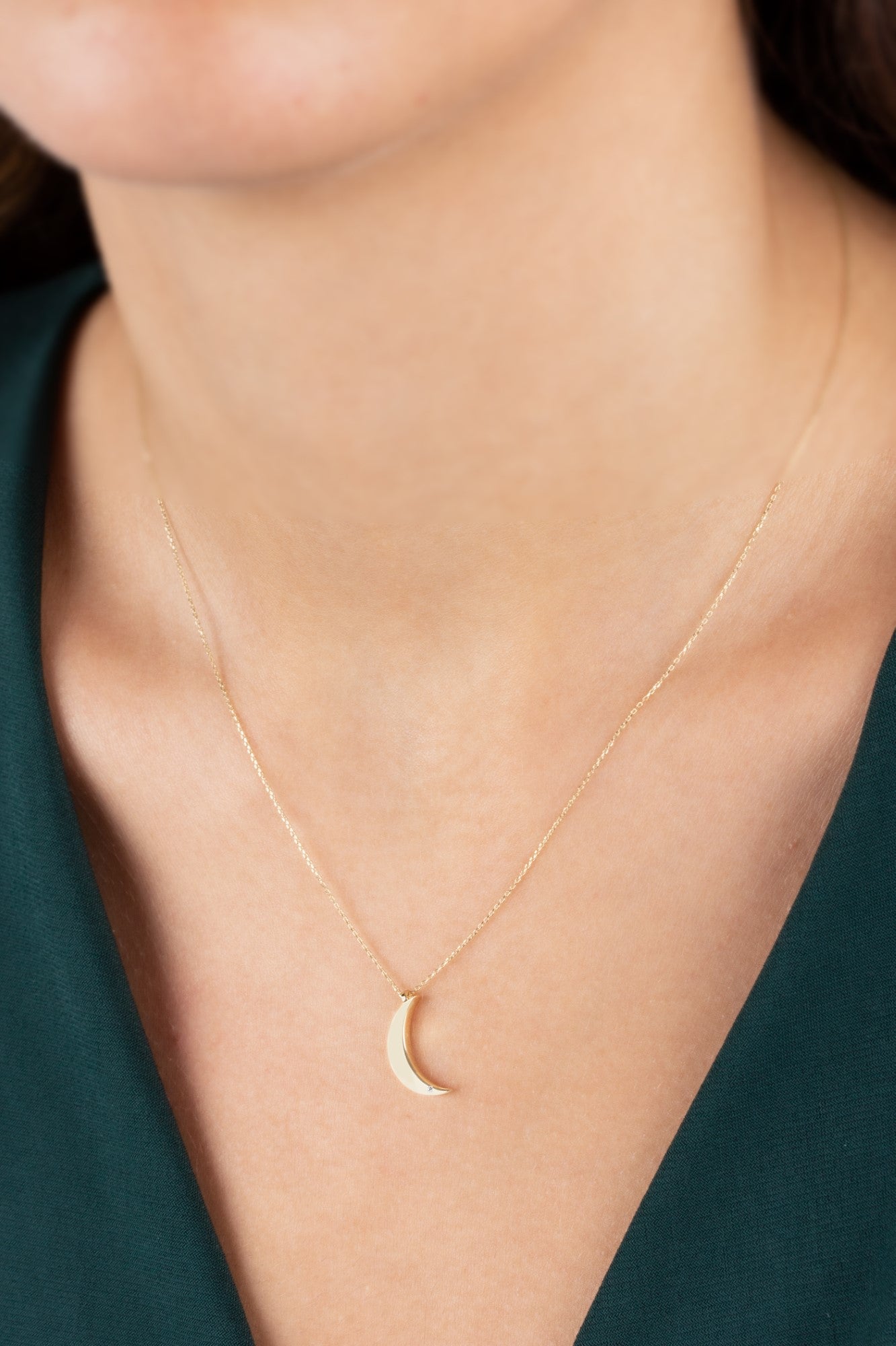 Moon Necklace with Real Diamond | 14K Solid Gold Pendant