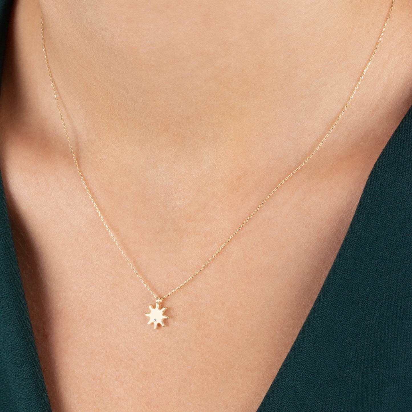 Sun Necklace with Real Diamond | 14K Solid Gold Pendant